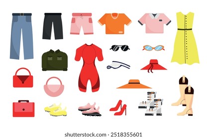 Set of men's, women's and children's clothes in cartoon style.Vector illustration of clothes and shoes: pants, shorts,swimming suit, t-shirts, dress, hats,glasses,bags,sports shoes,cowboy boots,heels.