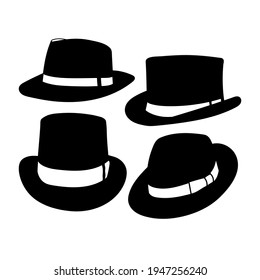 set of men's, womens hats. male, female headwear. element of clothing or accessory. people of different professions wearing hats. Silhouettes of classic hats