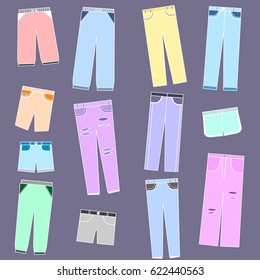 Set of men's and women's trousers, jeans, shorts. Light colored fashion icons isolated on purple background