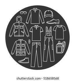 Set of men's working clothes icons. Corporate style. Formal men's clothes. Various types of men's clothes for work and leisure. Various male clothing. Menswear