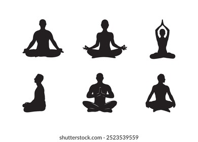 Set of men's yoga meditating silhouette.