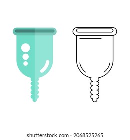 Set of menstrual cup icons flat design with colored and black lines. The concept of conscious consumption is reusable hygiene of the female monthly period.
