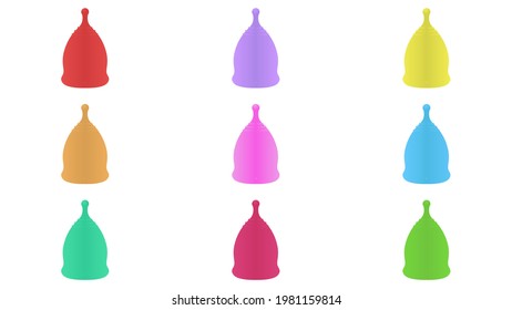 Set von Menstruationsbechern in verschiedenen Farben Vektordesign. Marienkuchen-Vektorgrafik