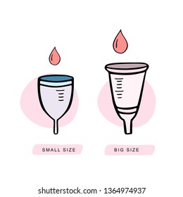 Set of menstrual cups. Different size period cups. Hand drawn Vector illustration isolated on white