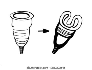Set menstrual cups s-fold isolated. Doodle outline vector illustration. Blood collection container. Contour. Zero waste concept. Simple infographic how to fold menstrual cup for woman cycle period. 