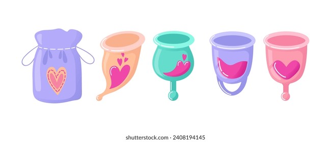 Fijar tazas menstruales, bolsa de almacenamiento. Producto de higiene. Salud de la mujer. Consumo razonable. Reduciendo el desperdicio. Ecológico, reutilizable. Sistema reproductivo femenino, ciclo. Vector, estilo caricatura Peach Fuzz