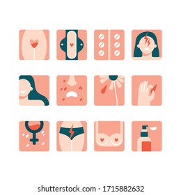 Set of menstrual period icons isolated on white. Common symptoms of menstruation - abdominal cramps, headache, acne, mood swings. Flat vector illustration in cartoon style.