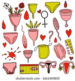 Set menstruation in cartoon style on an isolated white background. Tampon, pad, menstrual cup, underwear, blood, uterus. Women's hygiene. Zero waste. Stock vector illustration.