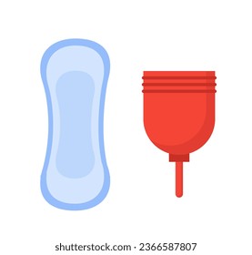 Fijado para el concepto de menstruación. Pad y taza menstrual roja. Ovulación y fertilidad. Biología y anatomía del cuerpo femenino. Colección vectorial plana de dibujos animados aislada en fondo blanco