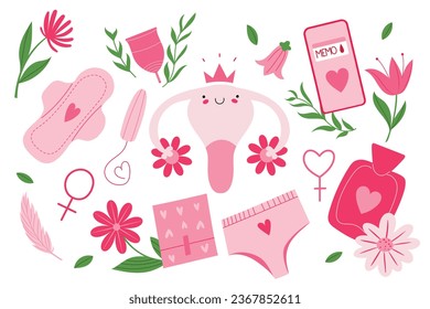 Set with menstruation illustrations, uterus, tampon, pads. Isolated vector illustration in pink colors