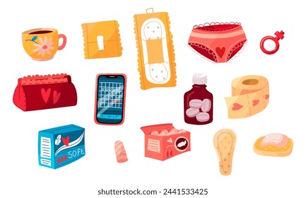 A set of menstruation pads, underpants, a phone, a box of pads, soap, pills, a box of tampons and others. The concept of a woman's regular menstrual cycle. Vector illustration of isolated objects