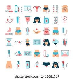 Set of menstruation period items. Various feminine hygiene products, menstrual protection elements. Tampons, reusable pads, panties, icons of emotional mood. Isolated flat vector illustration