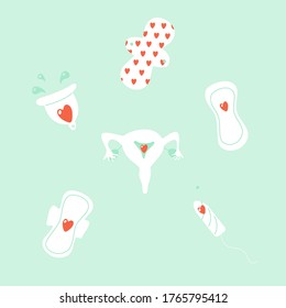 Set of menstruation theme. Various feminine hygiene products. Cups, pads, eco pads, tampons. Uterus. Hand drawn vector illustration.