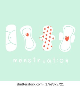 Set of menstruation theme. Various sanitary pads, eco pads. Hand drawn vector illustration.