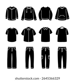 Set of menswear icon silhouette. Black and white clip art vector illustration