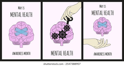Set of Mental health Conscientização mês cartazes cobre. Cérebro relógio em estilo plano na moda. Correção cerebral da fita do duto. Cartão infográfico. Ilustração vetorial. EPS 10
