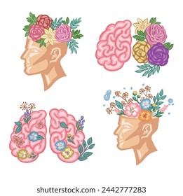 Set of mental health, brain blossoms, cartoon vector illustration