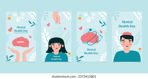 Set of Mental Health Care Consultant Story Template icons and Flat Design Illustrations for mental health stories on square background for social media, Greeting Cards.