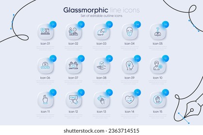 Set of Mental health, Click hand and Support line icons for web app. Medical help, Bike courier, Fake information icons. Corrupt, Approved, Volunteer signs. Medical mask, Yummy smile. Vector