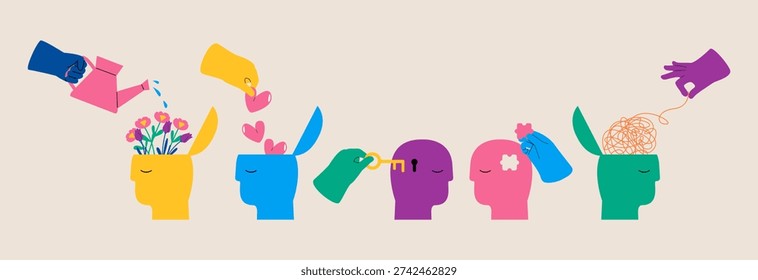 Set of mental health concept, psycho therapy. Colorful vector illustration
