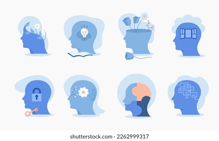 Conjunto de ilustraciones de salud mental. los trastornos mentales luchan contra el estrés, la depresión, el agotamiento emocional y otros problemas psicológicos. Concepto de psicoterapia. Ilustración del vector