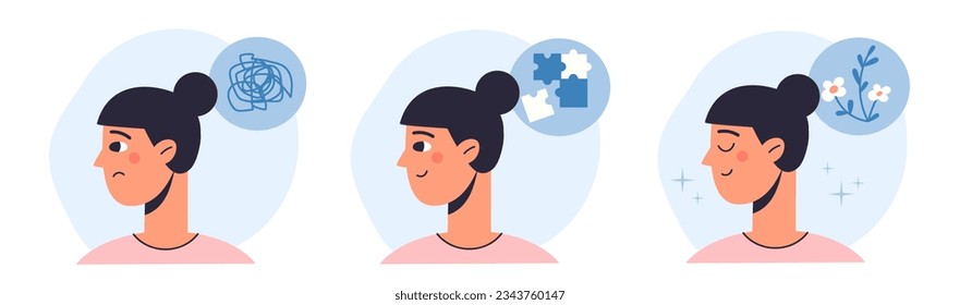 Set of Mental Health Illustrations. A character with a mental disorder is struggling with depression, chaotic thoughts and other psychological problems. The concept of psychotherapy and harmony.
