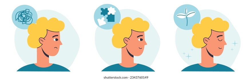 Set of Mental Health Illustrations. A character with a mental disorder is struggling with depression, chaotic thoughts and other psychological problems. The concept of psychotherapy and harmony.