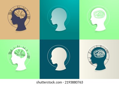 Set von psychischen Gesundheit, Intellekt, psychiatrischen Symbolen und Logos. Symbol für psychische Erkrankungen. Medizinische Logos und Symbole auf buntem Hintergrund. Minimalistisch und modern. Bearbeitbare Vektorgrafik. EPS