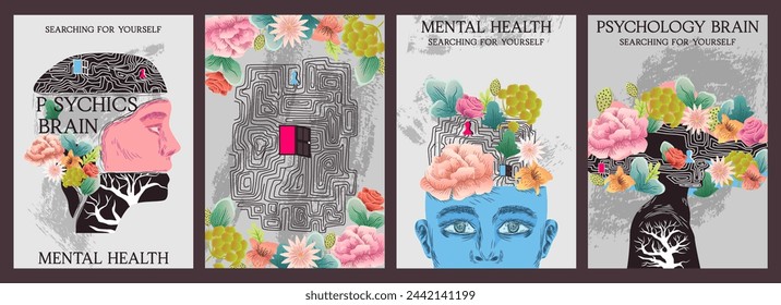 Set of Mental health posters. Psychological Disorder Awareness Covers. Head with flower and blooming brain. Emotional Wellness and Mindfulness. Cartoon flat vector illustrations isolated on background