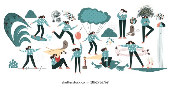 Set Of Mental Health Problem Vector Illustrations. Сlipart Of Wellbeing, Selfcare Female Characters. Woman's Feelings, Emotions In Conceptual Metaphor. Lonely, Melancholy, Introvert Lady