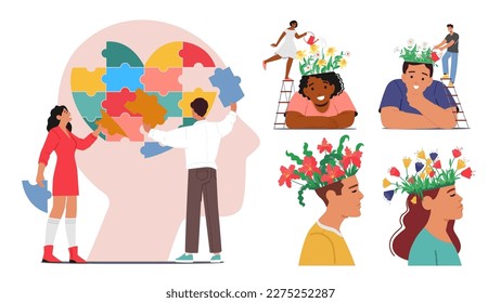 Establecer la salud mental, el concepto de psicología. Los Personajes Tratan La Depresión, La Soledad, La Enfermedad, El Desarrollo Cerebral O La Falta De Esperanza. Psicoterapia Y Atención Médica. Ilustración de vectores de personas de caricatura