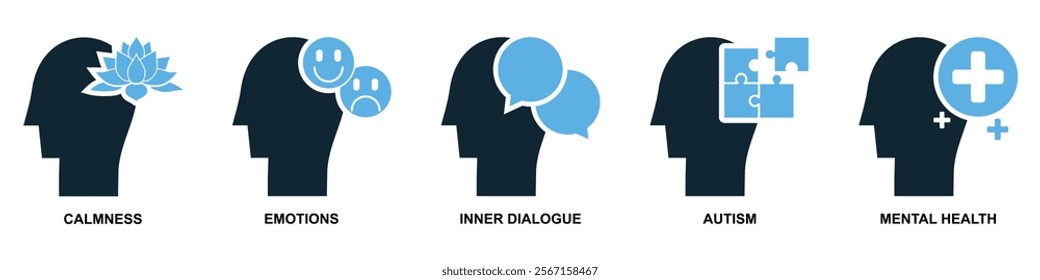 Set of mental health and psychology concept icons including calmness, emotions, inner dialogue, autism, and mental health awareness in modern flat style illustration