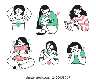 Set of mental health and psychology concepts, love yourself. Happy women, acceptance, care, hugs, calm. Variants of the inner world and its manifestations. Vector doodle