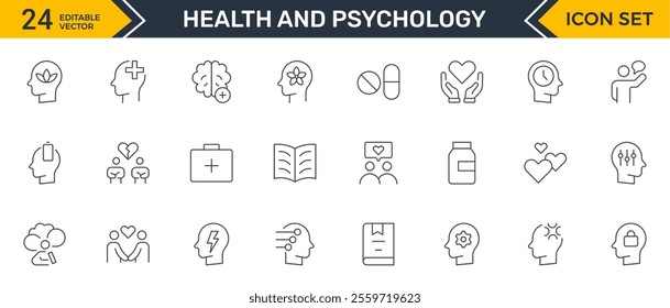 Set of Mental Health and Psychology Icons: A Complete Collection for Therapy Sessions, Counseling, Emotional Well-being, Support Services, and Wellness Programs