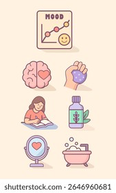 Set of mental health and self-care flat icons including mood tracker, brain healing, stress relief, aromatherapy, reading, mirror, and bath illustrations