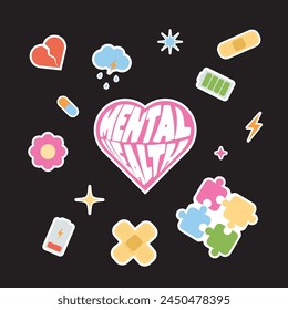 Set of mental health stickers elements. Cute elements isolated on white. Design set stickers for psychology. Vector illustration
