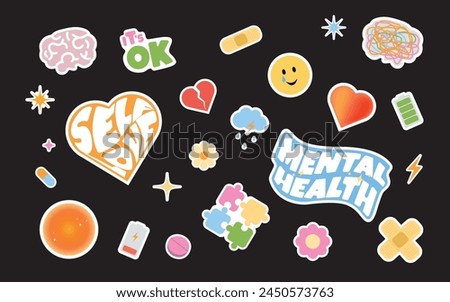 Set of mental health stickers elements. Cute elements isolated on white. Design set stickers for psychology. Vector illustration