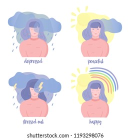 Set of mental states illustrations. Girl happy, depressed, peaceful and stressed out. Mental health weather concept. Clouds, rain, lightning, sun, rainbow. Vector illustration, cartoon flat style.