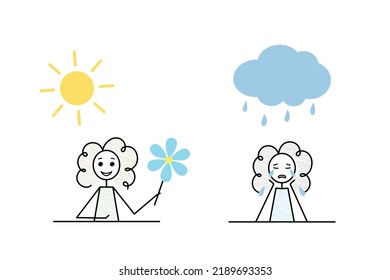 set of mental states illustrations, happy and unhappy, crying girl depressed, with bipolar, seasonal affected, mental health weather concept, rain, sun, vector doddle illustration, mood swing