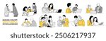 Set of Mentoring Business scene vector outline illustrations on white background. Collection of men, women, business team working together, taking part in business activities, meeting, discussing.