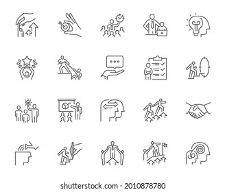 Set of mentoring related line icons. Contains such icons as personal development, experience exchange, support, etc. Editable stroke.