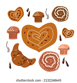 Set menu bakery products doodle sketch hand drawn style, cupcake, croissant, bun, vector elements for menu, banner.