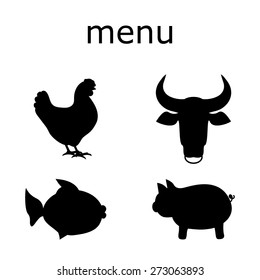 Set of menu cafe or restaurant meat dishes. The menu includes: pork, fish, beef, chicken. Menu assortment. Picture vector simple animal silhouettes