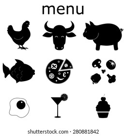 Set of menu cafe or restaurant meat dishes. The menu includes: pork, fish, beef, chicken, pizza, vegetables, desserts, drinks, breakfasts. Menu assortment. Picture vector simple silhouettes of dishes