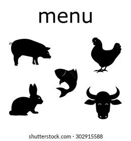 
Set of menu cafe or restaurant meat dishes. The menu includes: pork, fish, beef, chicken, rabbit. Meat assortment. Picture vector simple animal silhouettes