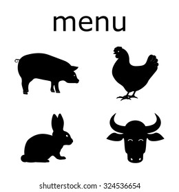 Set of menu cafe or restaurant meat dishes. The menu includes: pork, rabbit, beef, chicken. Menu assortment. Picture vector simple animal silhouettes