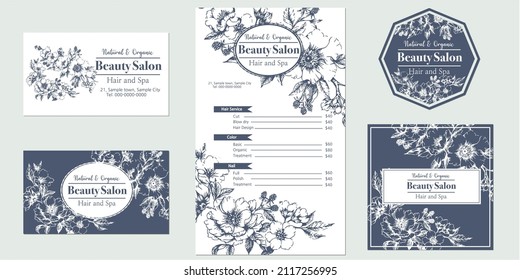 Set Of Menu And Card Template Design With Hand Drawn Flower Illustration, For Beauty Salon, Shop, Spa