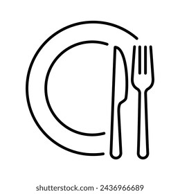 Set menu catering, restaurant, spoon, fork, knife and plate icon set in line. Tableware Vector illustration