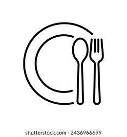 Set menu catering, restaurant, spoon, fork, knife and plate icon set in line. Tableware Vector illustration