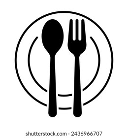 Set menu catering, restaurant, spoon, fork, knife and plate icon set in line. Tableware Vector illustration